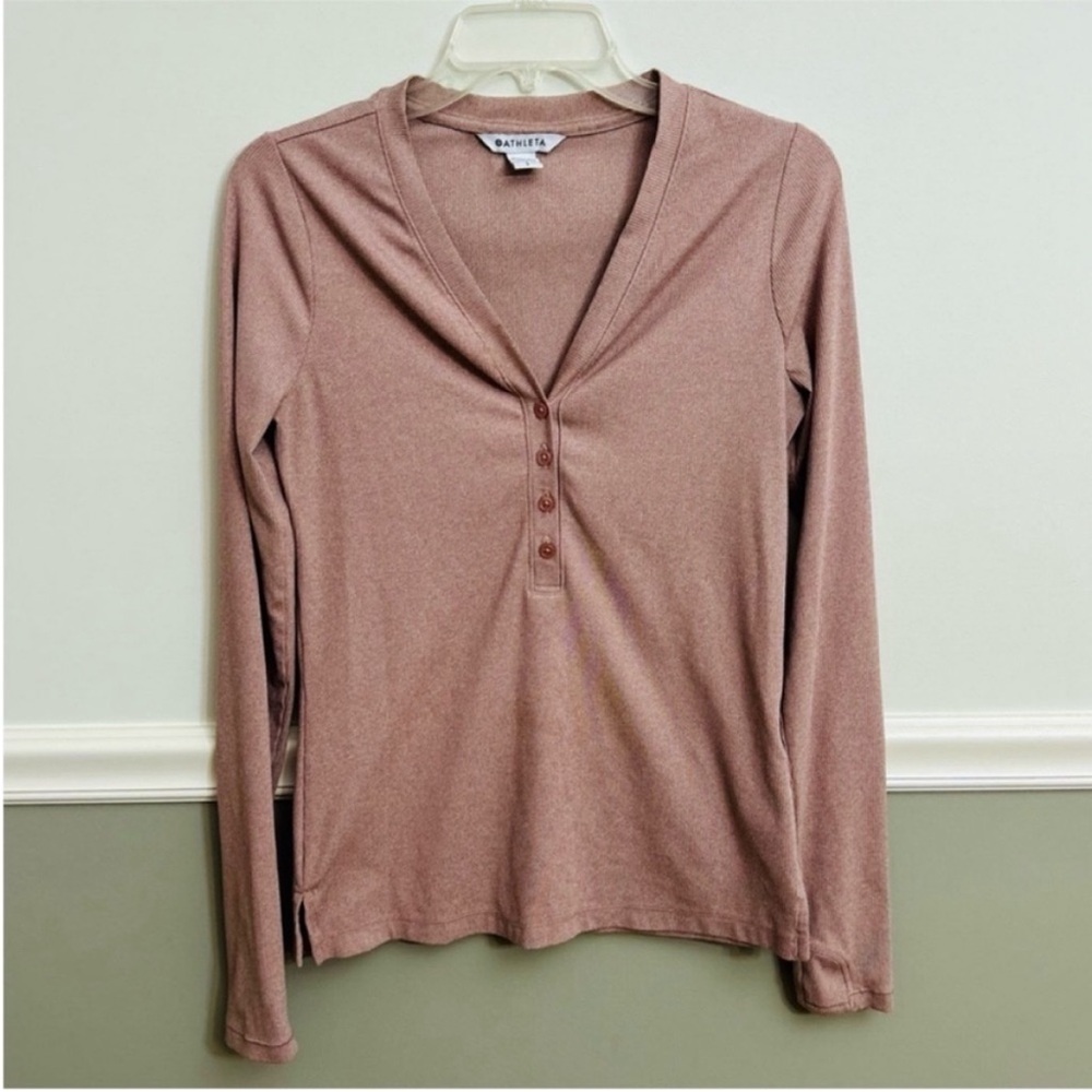 Women’s Athleta Uptempo Pink Mauve Ribbed Henley Long Sleeve Top Size Small